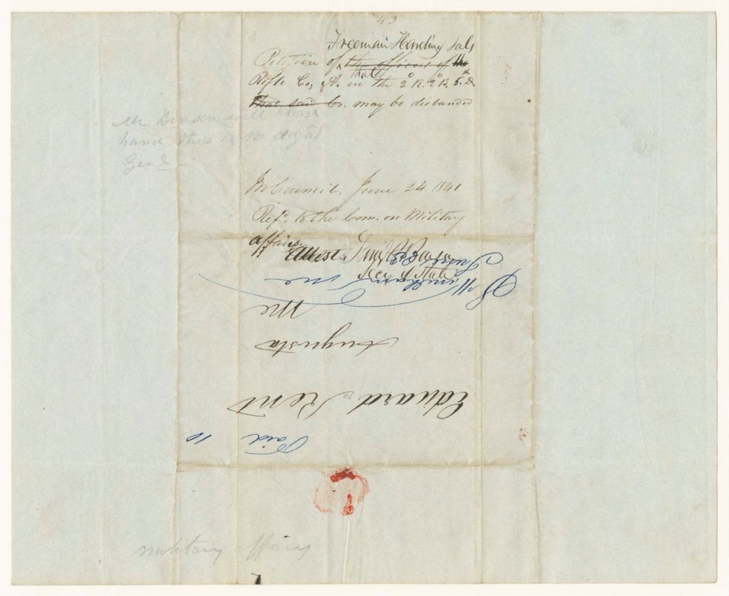 Miniature of Petition of Freeman Harding and other that the "A" Company of Riflemen, 2nd Regiment, 2nd Brigade, 5th Division may be disbaded