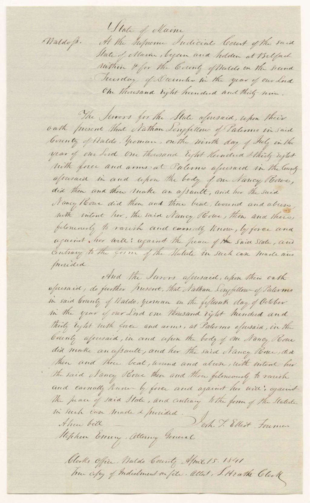 Miniature of State v. Nathan Longfellow, Copy of Indictment