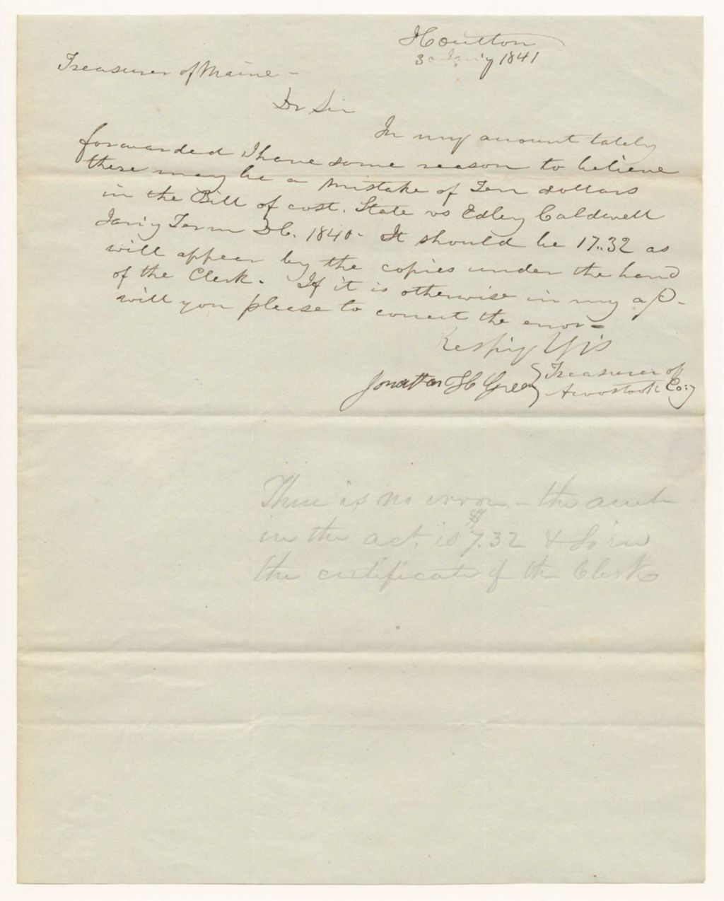 Miniature of Letter from Jonathan H. Greene, , Treasurer of Aroostook, in relation to a mistake in his account