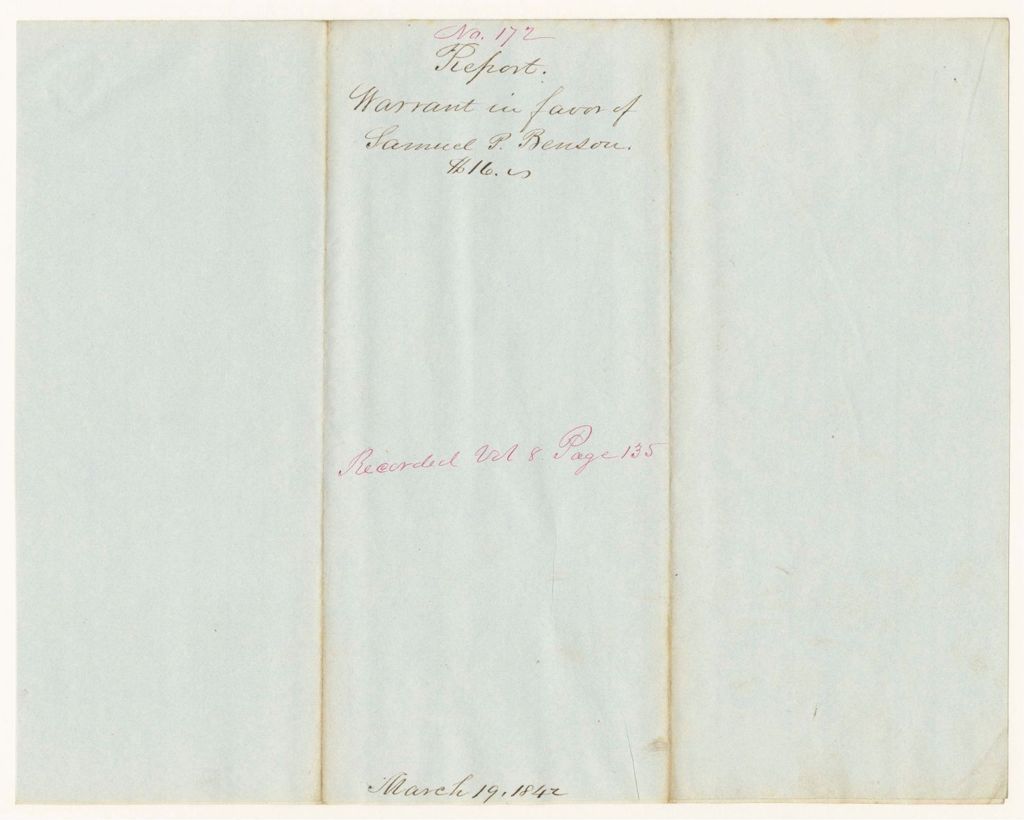 Miniature of Report 172: Report - Warrant in Favor of Samuel P. Benson