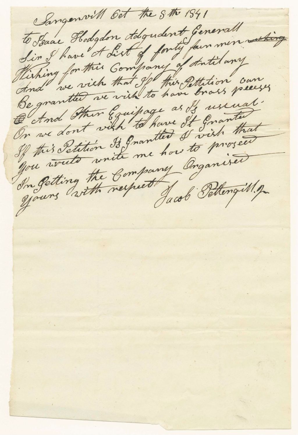 Miniature of Letter from Jacob Pettengill relating to his petition for a Company of Artillery