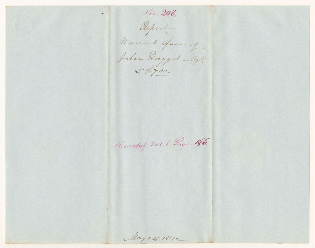 Miniature of Report 203: Report - Warrant in Favor of Jabez Dagget, Agent