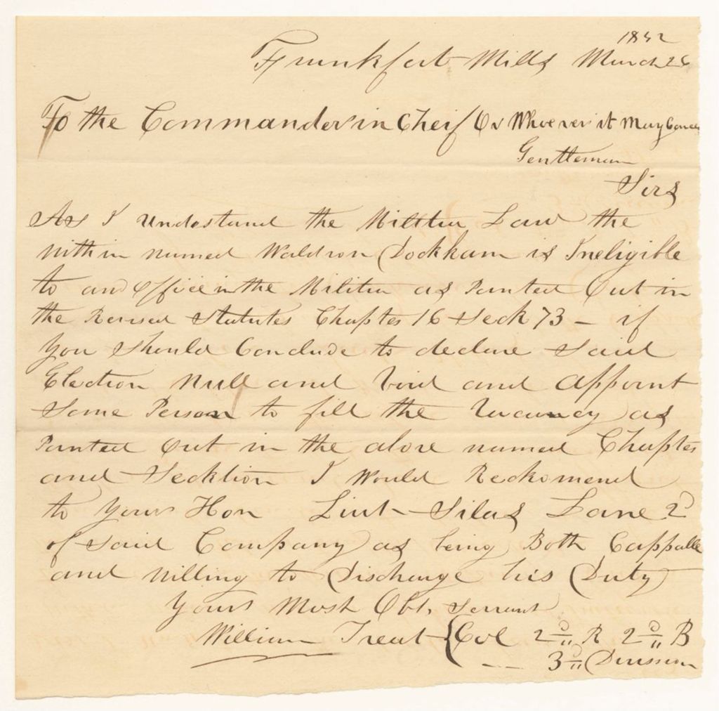 Miniature of Letter from William Treat, relating to the election of Waldron Dockham