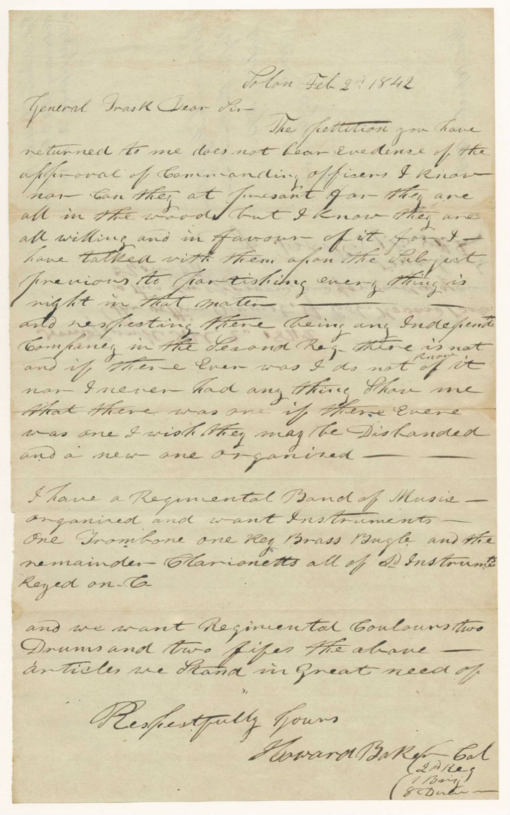 Miniature of Col. H. Baker's Petition for disbanding the A & B Companies of Light Infantry in the 2nd Regiment, 1st Brigade, 8th Division