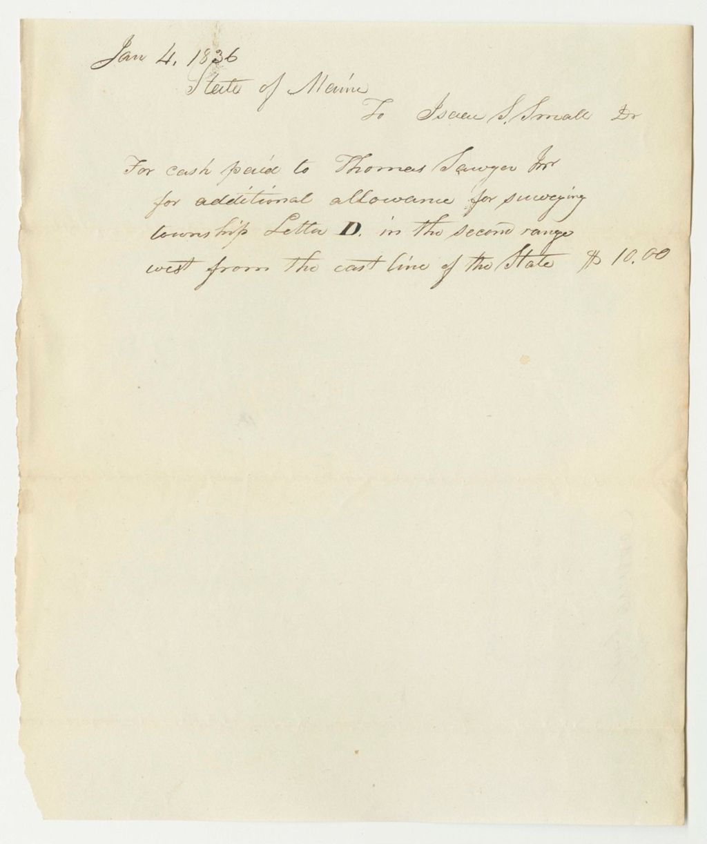 Miniature of Account of Isaac S. Small, Surveyor General, for Cash Paid to Thomas Sawyer, Jr., for Additional Allowance for Surveying Township D in Range 2