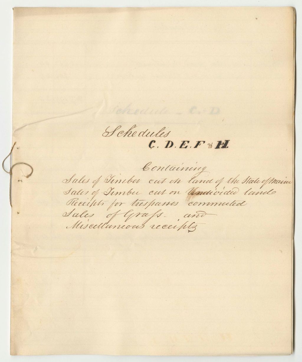 Miniature of Schedules C, D, E, F & H: Sales of Timber Cut on Land of the State of Maine, Sales of Timber Cut on Undivided Land, Receipts for Trespasses Committed, Sales of Grass, and Miscellaneous Receipts