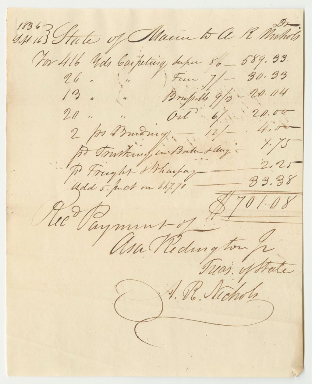 Miniature of Receipts from the Account of Asa Redington Jr., State Treasurer, for the Purchase and Laying Down Carpets in the State House