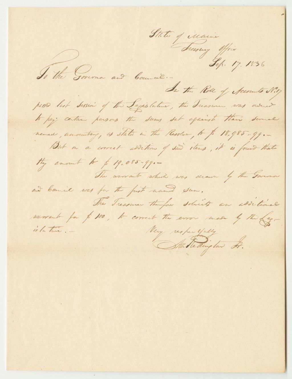 Miniature of Request from Asa Redington, Jr., State Treasurer, for an Additional Warrant to Correct the Error in the Roll of Accounts