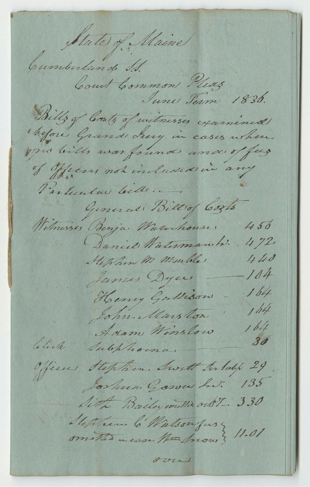 Miniature of Bills of Cost at the Court of Common Pleas in Cumberland County, June Term 1836