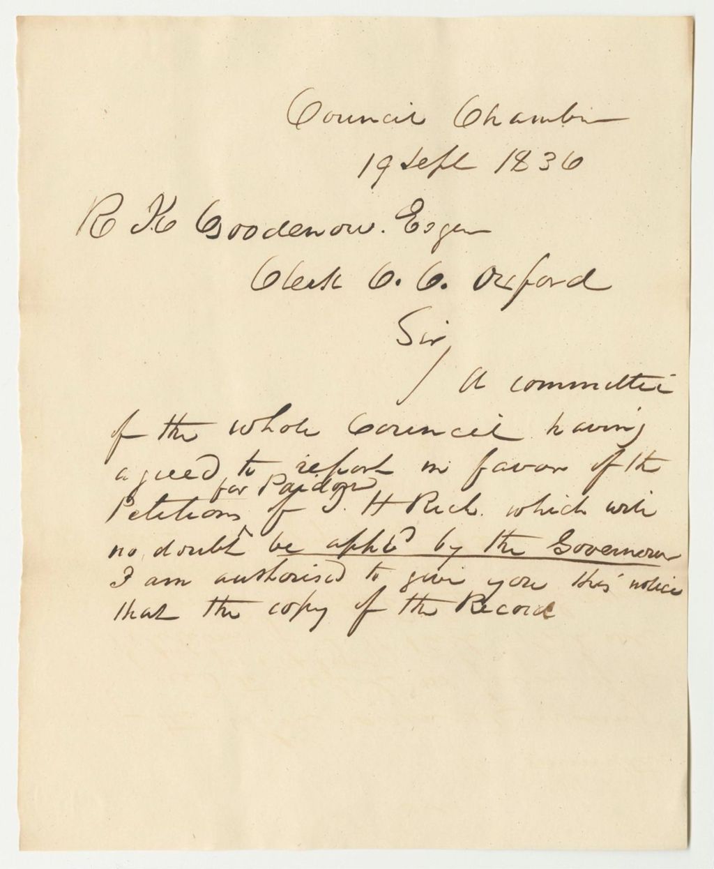 Miniature of Communications from J. Pilsbury, Chairman of the Committee of Council, Regarding the Pardon Granted to Joseph H. Rich