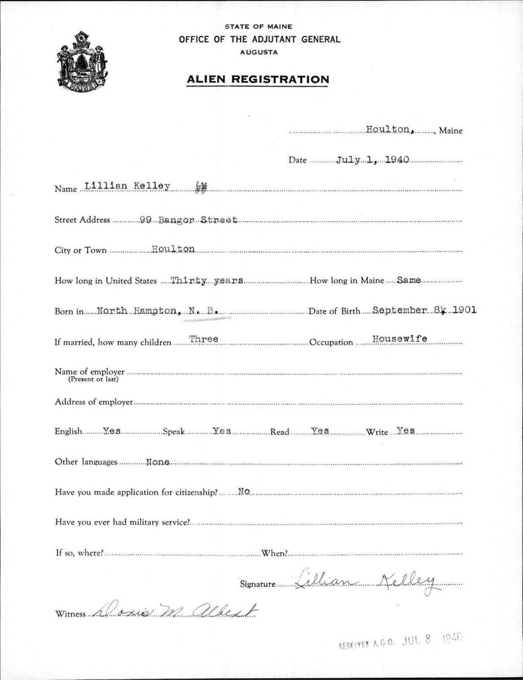 Miniature of Alien Registration- Kelley, Lillian (Houlton, Aroostook County)
