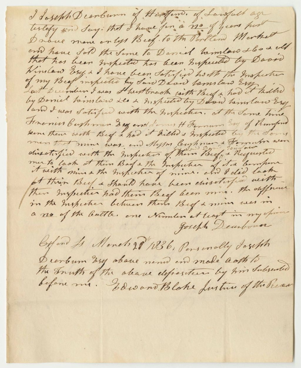 Miniature of Joseph Dearborn's Statement Regarding David Winslow, Inspector of Beef and Pork