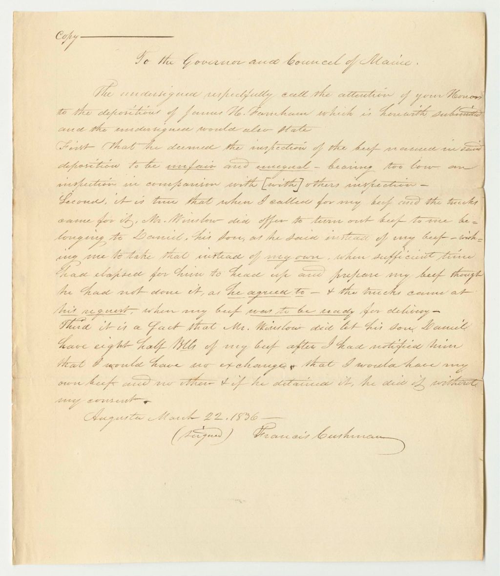 Miniature of Letter from Francis Cushman, Regarding David Winslow, Inspector of Beef and Pork