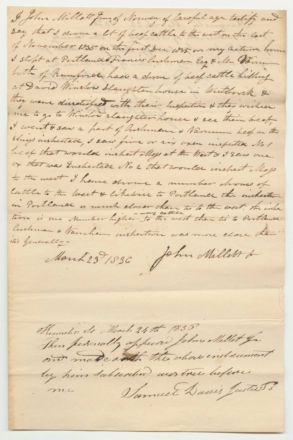 Miniature of John Millett's Statement Regarding David Winslow, Inspector of Beef and Pork