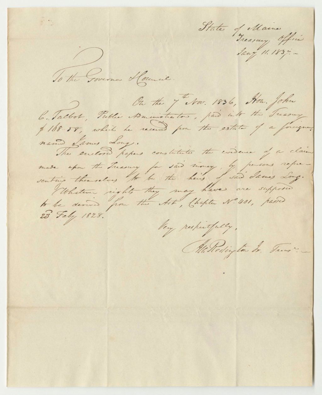 Miniature of Communication from Asa Redington, Jr., Relative to the Estate of James Long