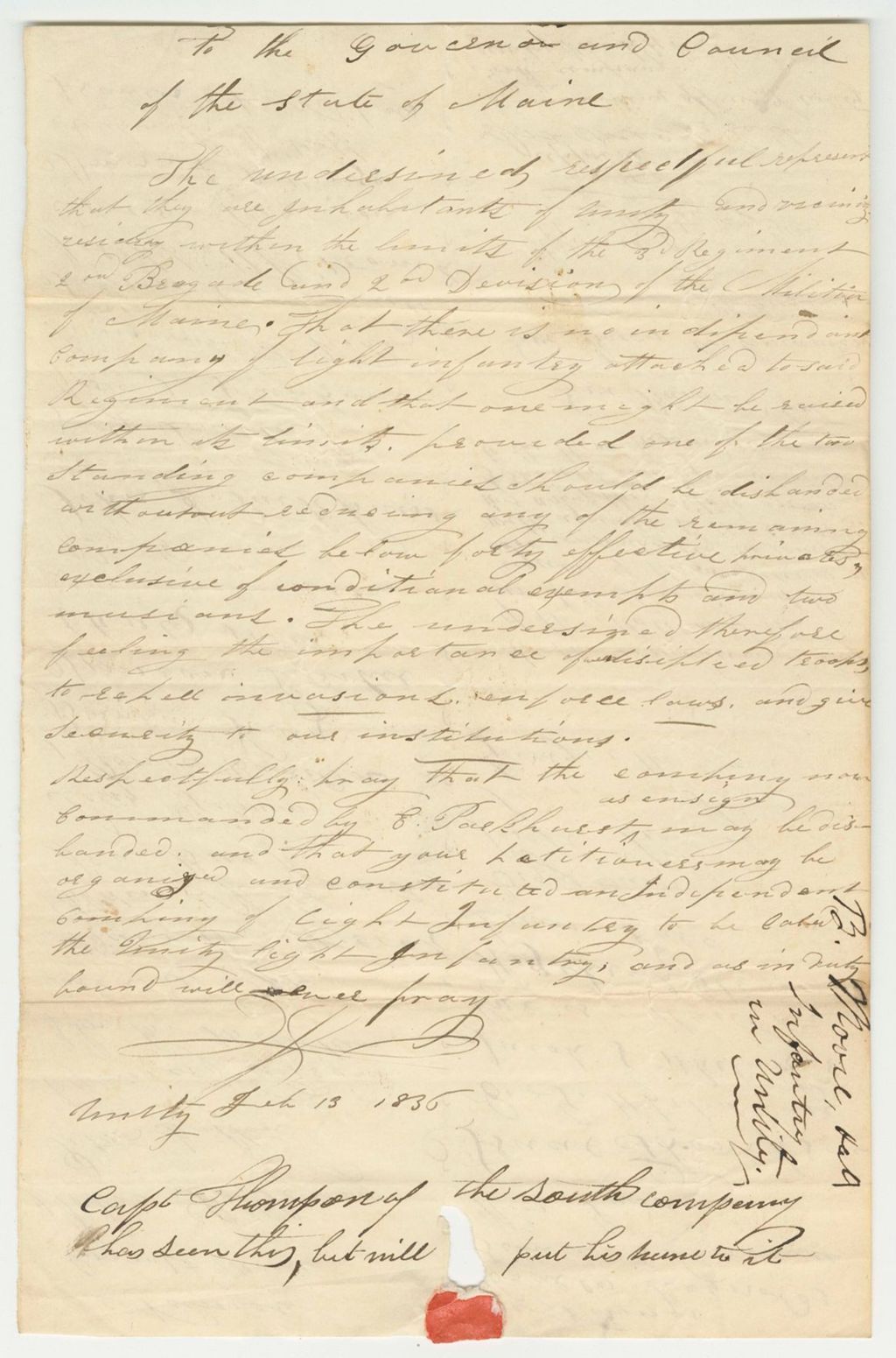 Miniature of Petition of Bryant Moore and Others to Form a Light Infantry Company in Unity