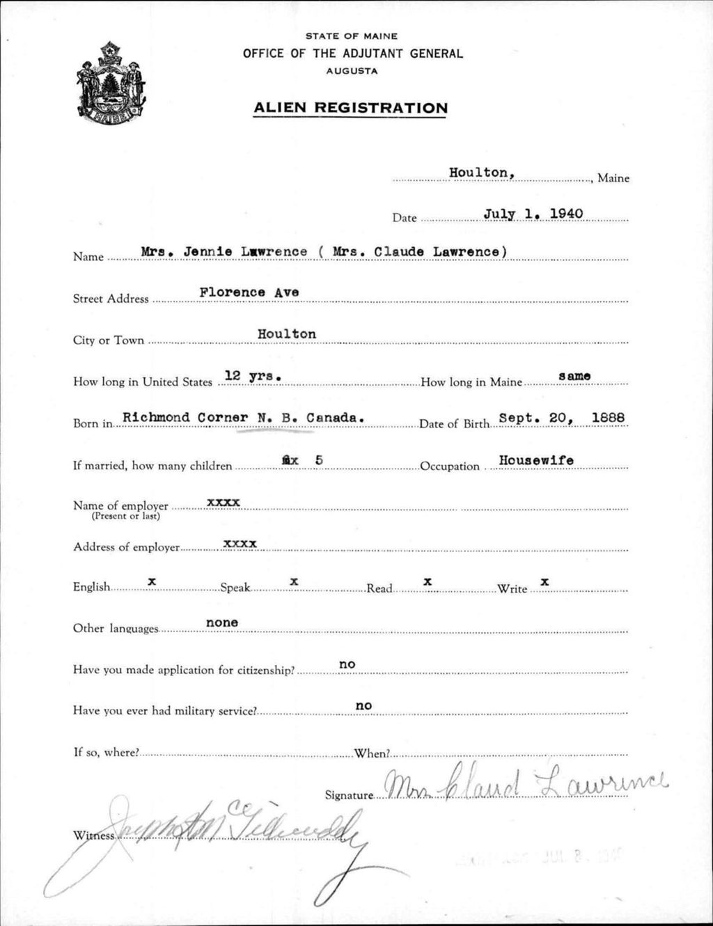 Miniature of Alien Registration- Lawrence, Jennie (Houlton, Aroostook County)