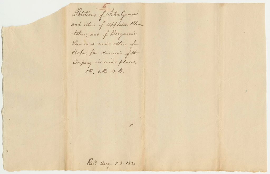 Miniature of Petition 6: Petition of John Gowen and others of Appleton Plantation, and of Benjamin Simmons and others of Hope, for division of the Company in said places
