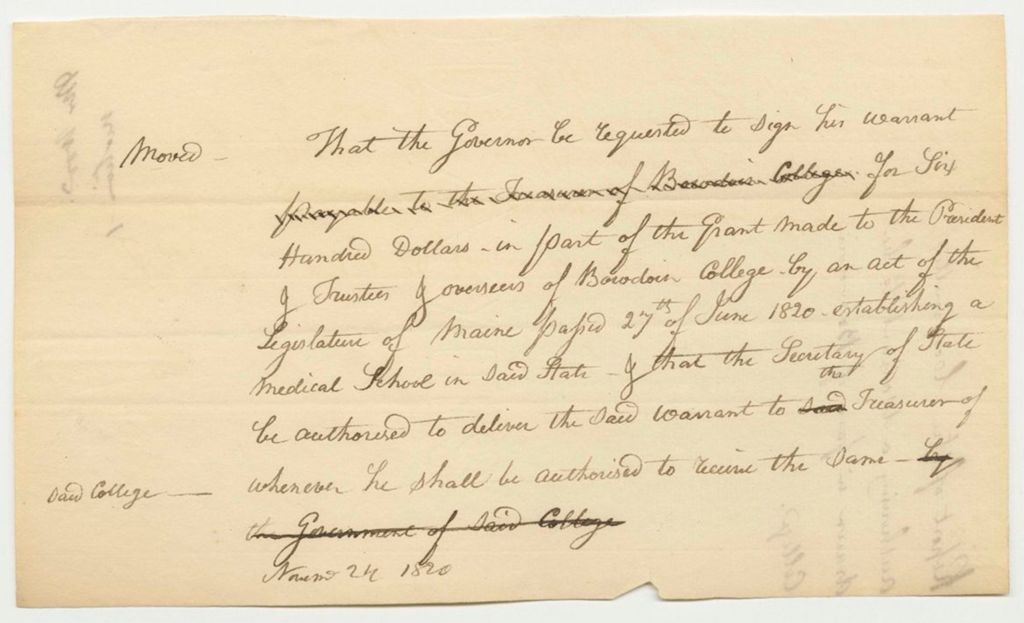 Miniature of Report 12: Report of the Committee authorizing a Warrant to be Drawn in Favor of Bowdoin College