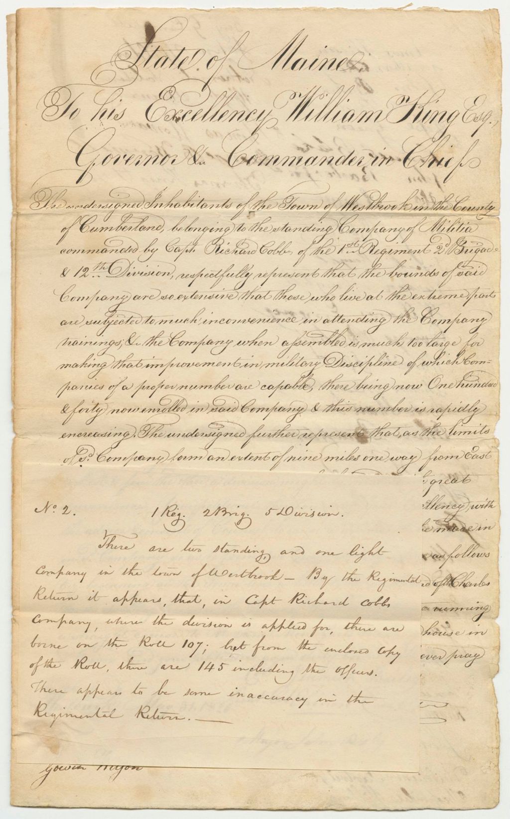 Miniature of Petition 2: Petition of Jeremiah Bailey and others praying for the divisions of the Company in the Town of Westbrook
