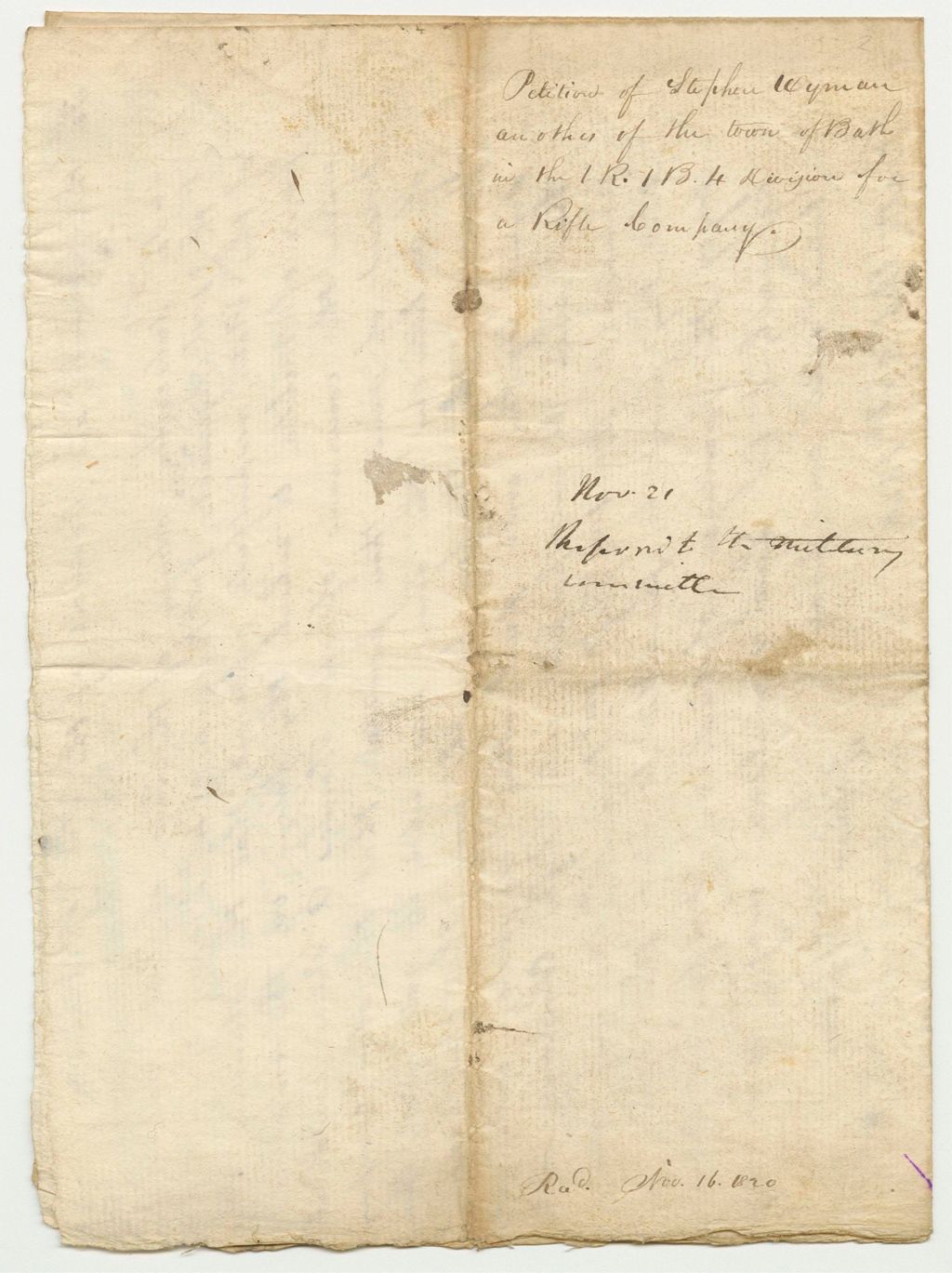 Miniature of Petition of Stephen Wyman and Others of Bath to be Incorporated into a Rifle Company