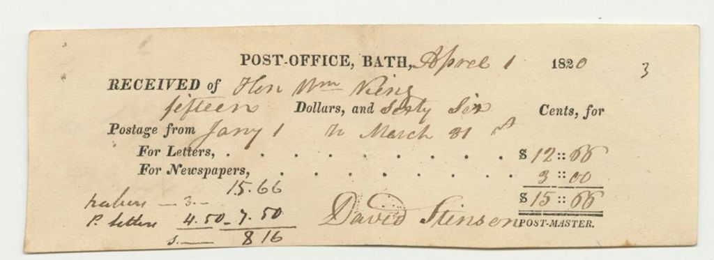 Miniature of Bath Post-Office Receipt for William King