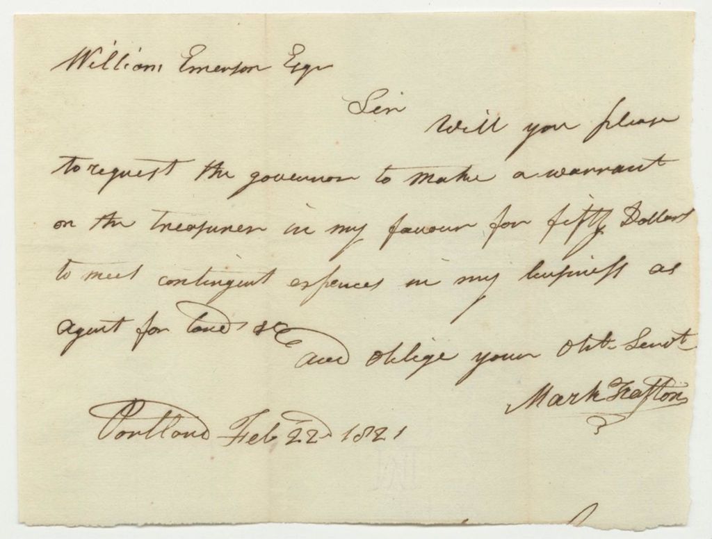Miniature of Letter from Mark Trafton to William Emerson requestion warrant for fifty dollars for expenses as land agent