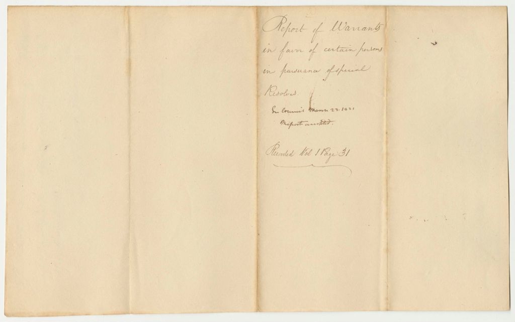 Miniature of Report 33: Report of Warrants in Favor of certain persons in pursuance of special Resolves