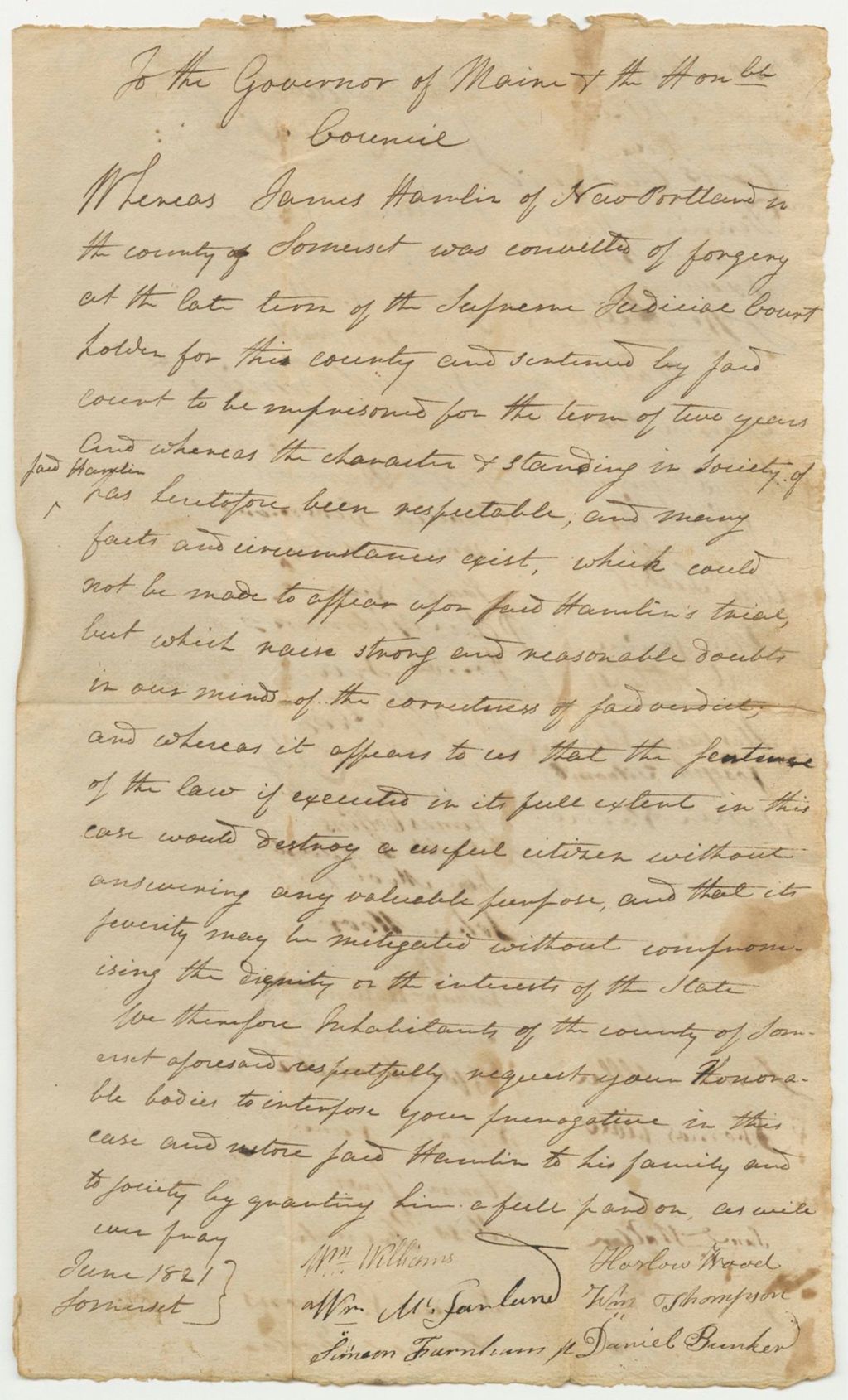 Miniature of Inhabitants of Somerset Letter to the Governor of Maine and the Honorable Council Requesting the Release of James Hamlin