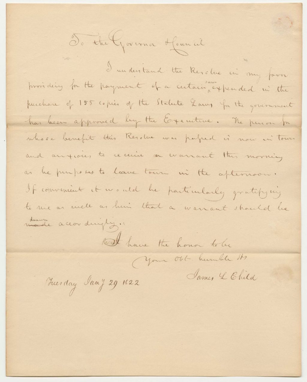 Miniature of Nathan Ames Letter to Governor and Council Requesting a Warrant