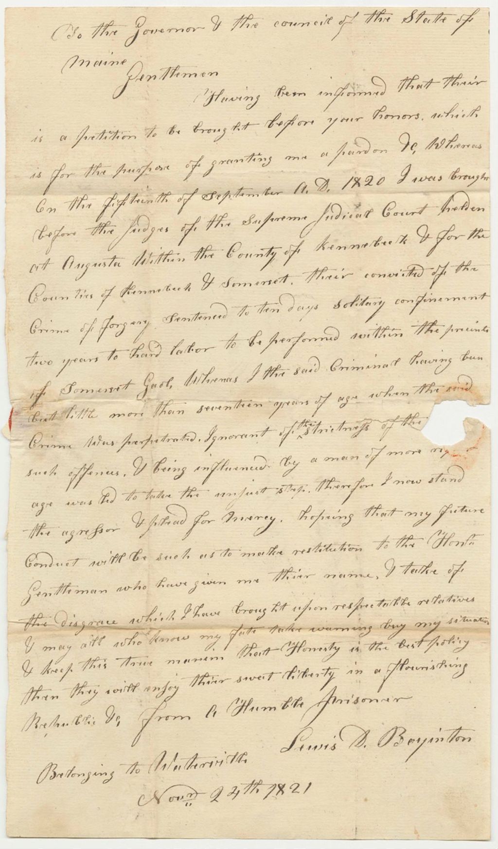 Miniature of Letter from Lewis D. Boyinton to the Governor and Council on his Petition for Pardon