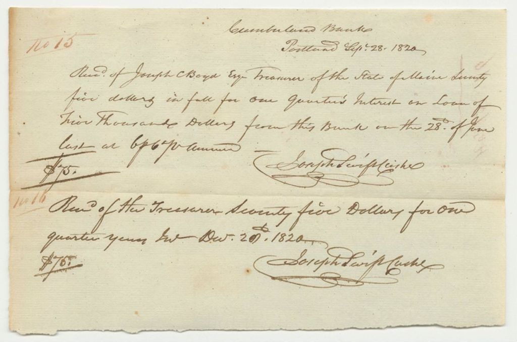 Miniature of Receipts No. 15 & 16, Cumberland Bank