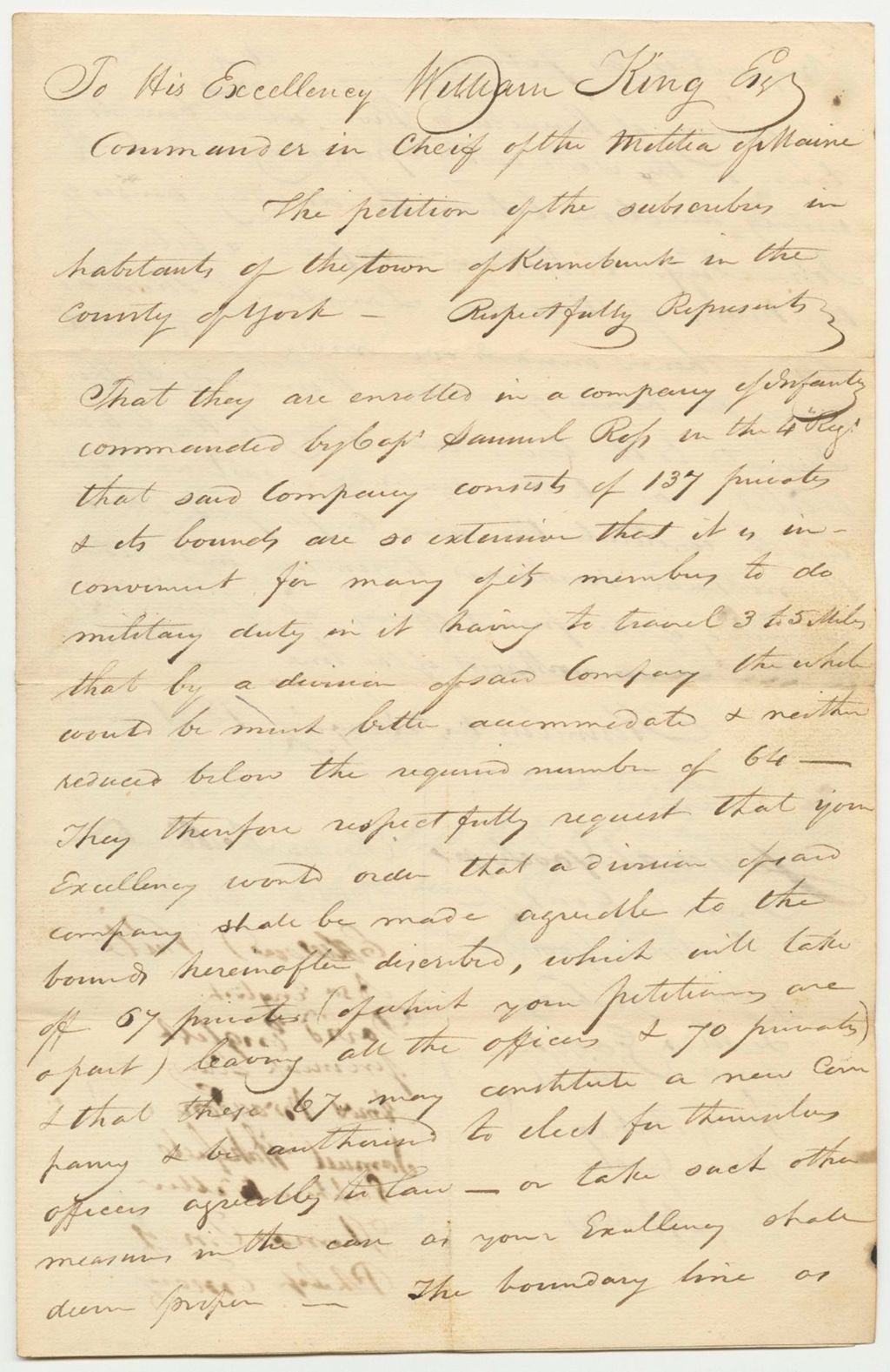 Miniature of Petition of Jedediah Gouch Jr. and others Praying for a Division of the Company Commanded by Capt. Samuel Ross in the Town of Kennebunk