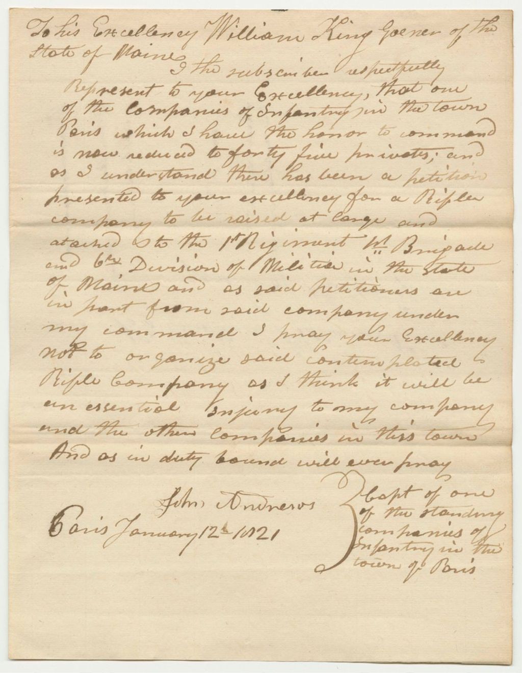 Miniature of Remonstrance of John Andrews Against a Rifle Company