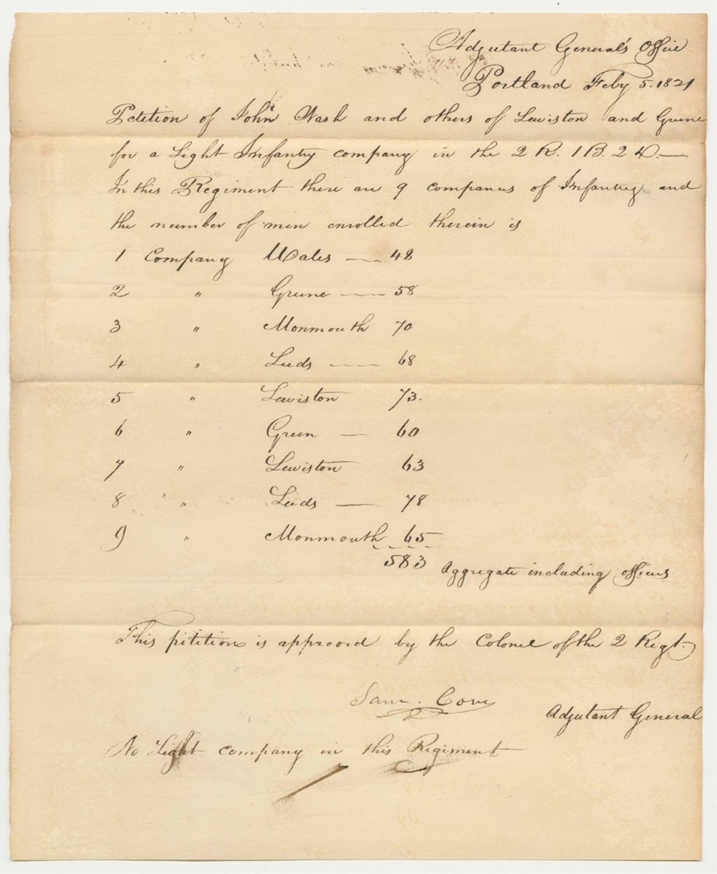 Miniature of Petition of John Nash and others of Lewiston and Greene for a Light Infantry Company