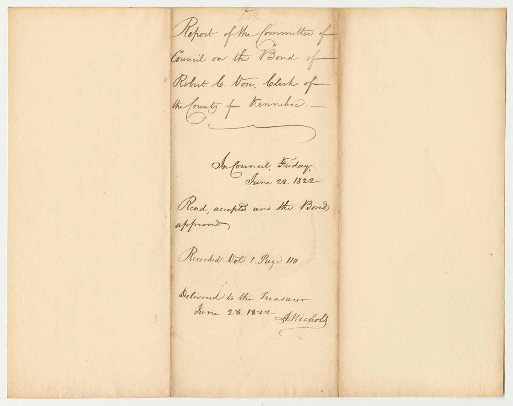 Miniature of Report 148: Report of the Committee of Council on the Bond of Robert C. Vose, Clerk of the County of Kennebec