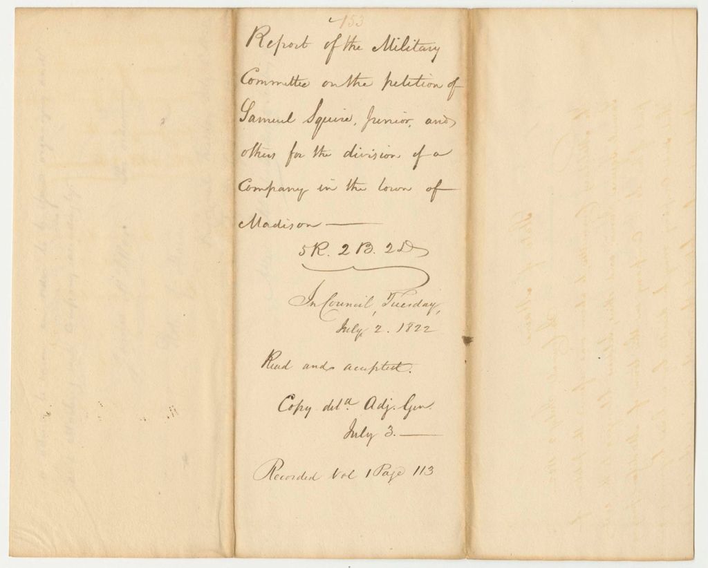 Miniature of Report  153: Report of the Military Committee on the Petition of Samuel Squire Junior and others for the Division of a Company in the Town of Madison 5R.2B.2D.