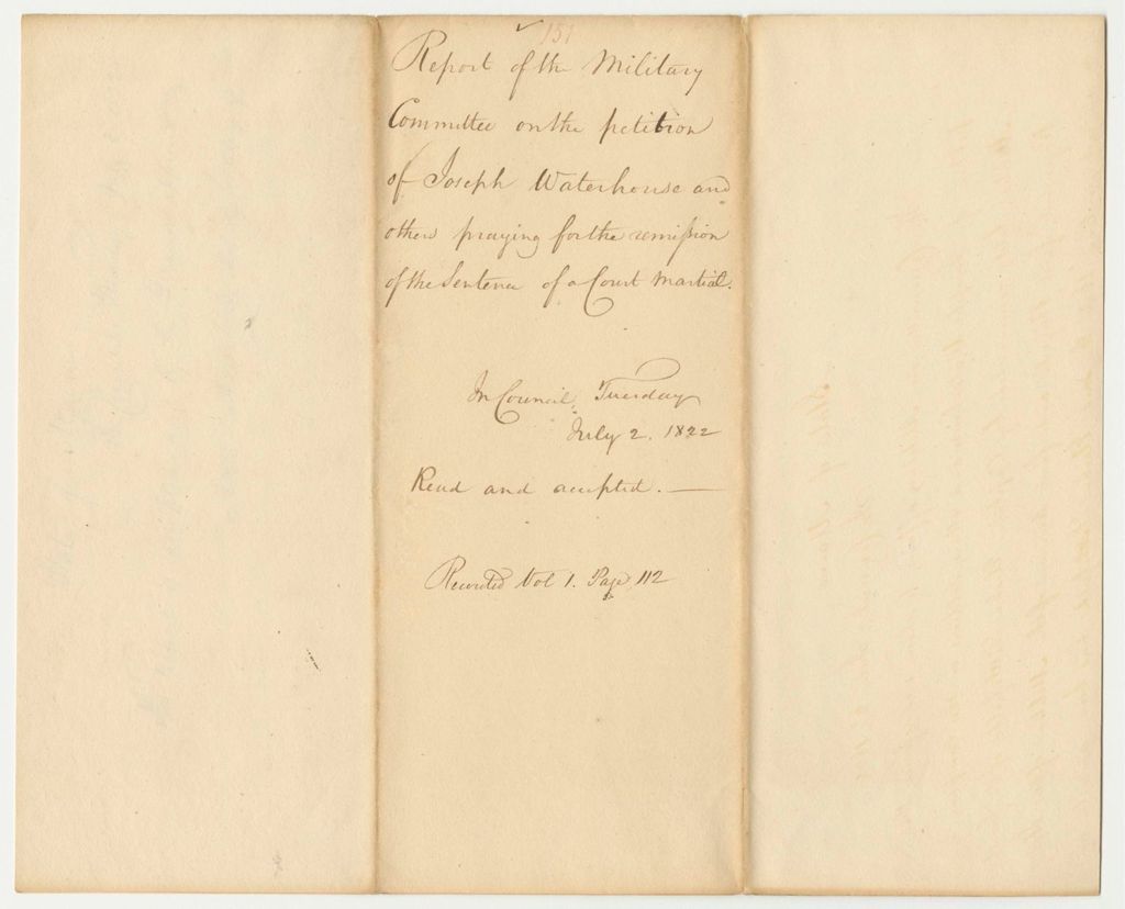 Miniature of Report 151: Report of the Military Committee on the Petition of Joseph Waterhouse and others, praying for the remission of the Senate of a Court Martial