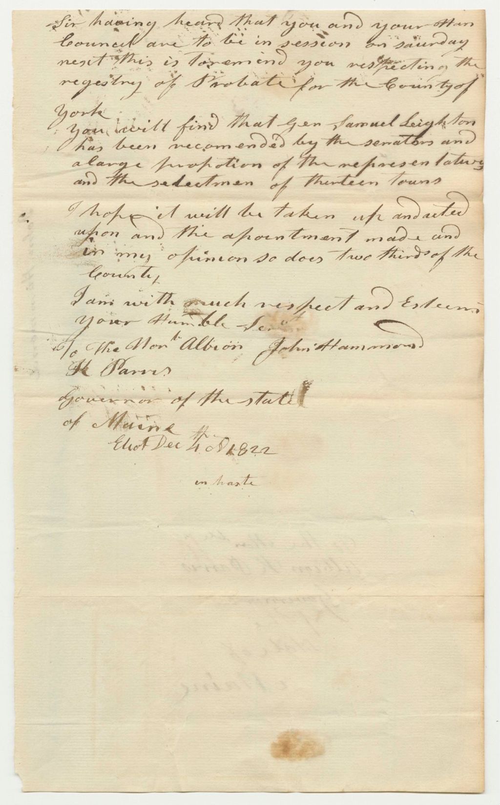 Miniature of Letter from John Hammond to Gov. Albion K. Parris
