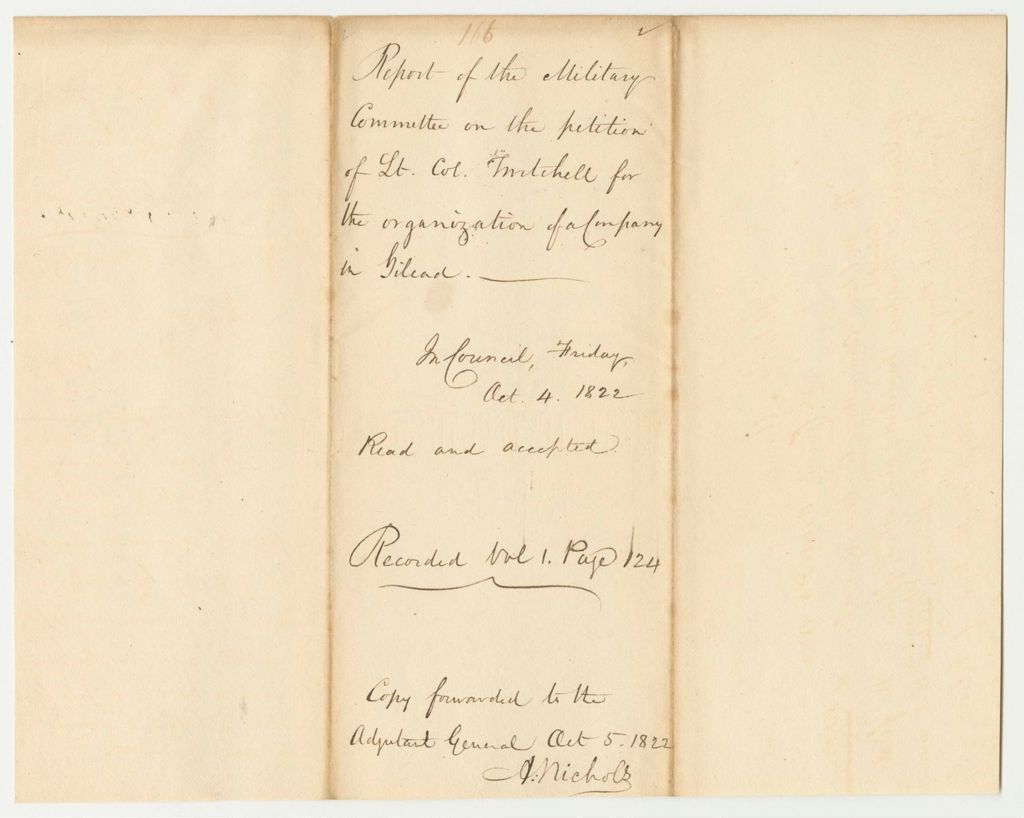 Miniature of Report 166: Report of the Military Committee on the Petition of Lt. Col. Mitchell for the Organization of a Company in Gilead