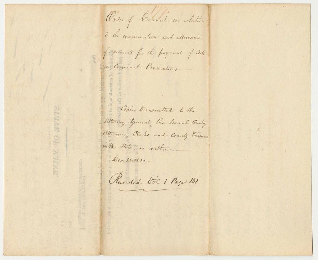 Miniature of Report 177: Order of Counsel in Relation to the Examination and Allowance of Accounts for the Payment of Costs in Criminal Prosecuting