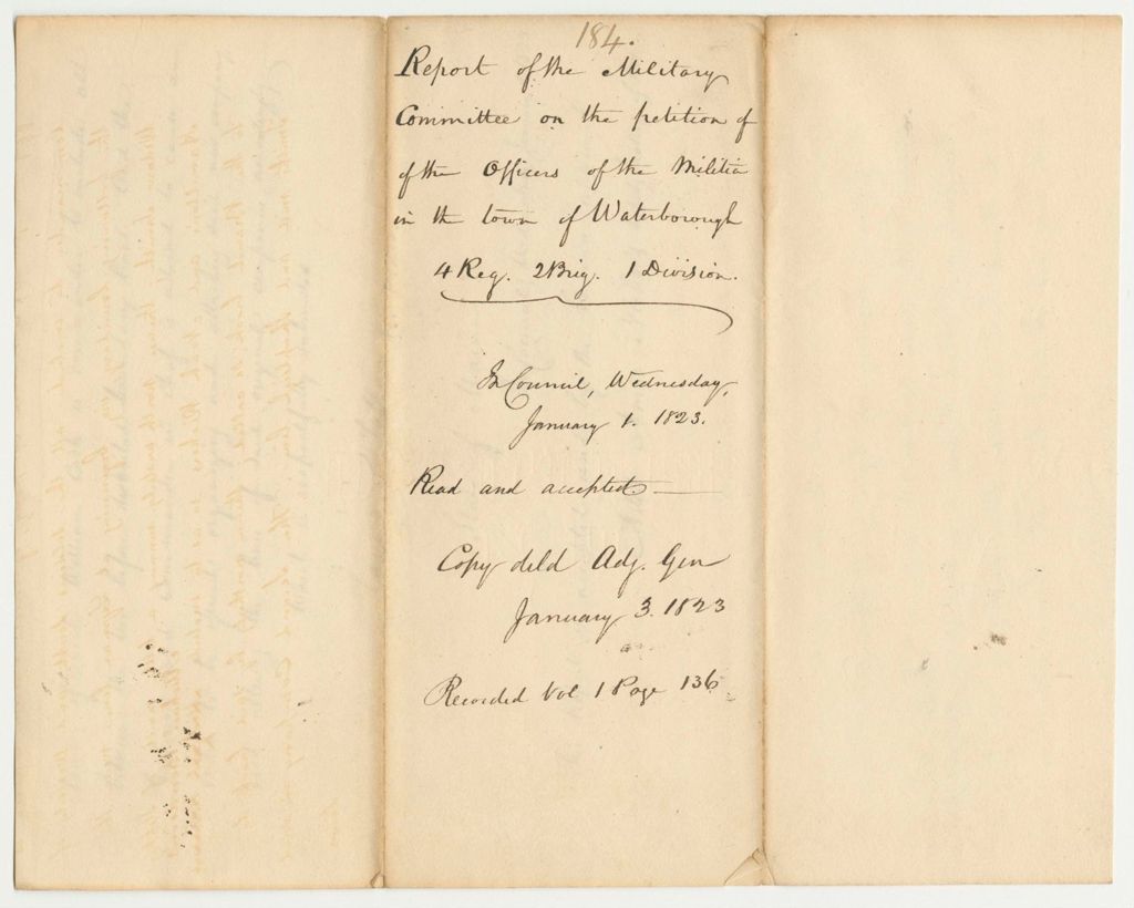 Miniature of Report 184: Report of the Military Committee on the Petition of the Officers of the Militia in the town of Waterborough