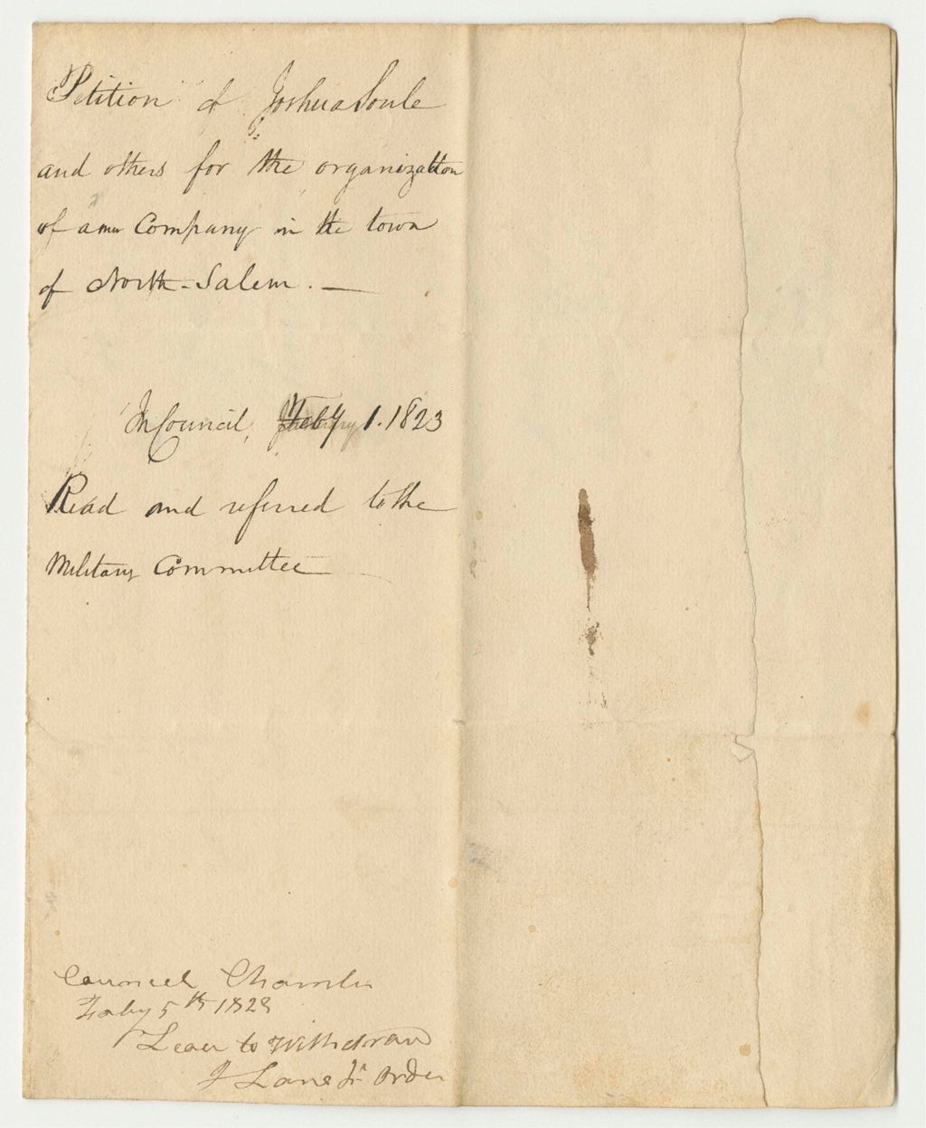 Miniature of Petition of Joshua Soule and others for the organization of a new Company in the town of North Salem