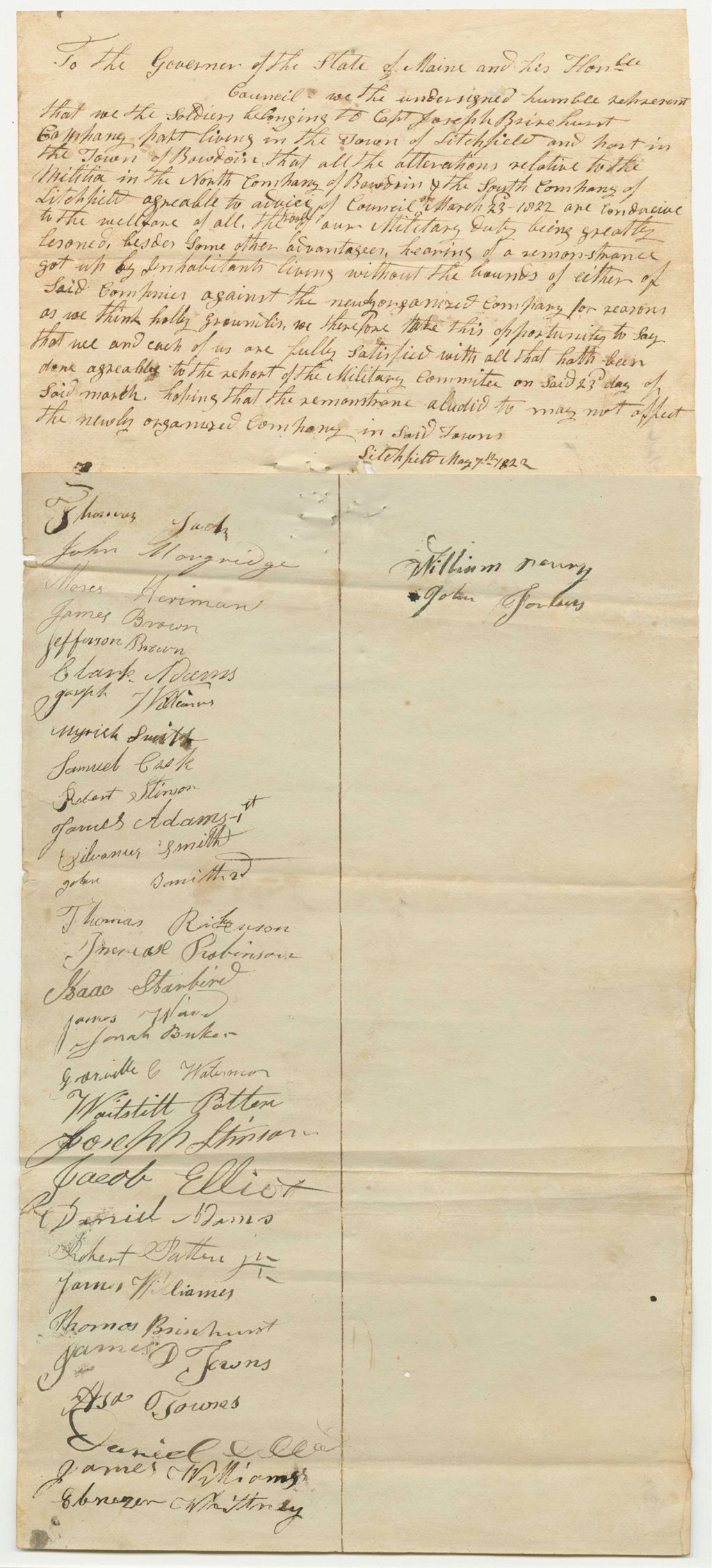 Miniature of Soldiers from Litchfield Approbation of the Division of Companies in Litchfield and Bowdoin