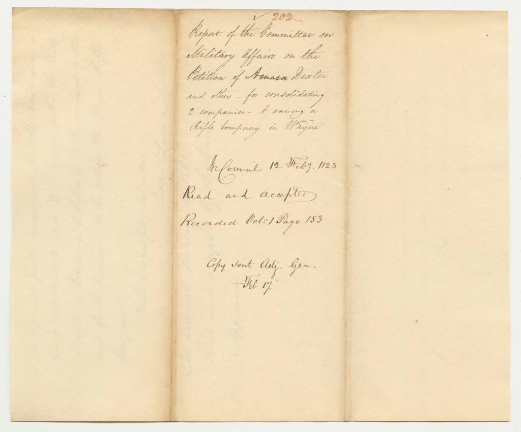 Miniature of Report  202: Report of the Committee on Military Affairs on the Petition of Amasa Dexter and others for consolidating two companies and raising a Rifle Company in Wayne