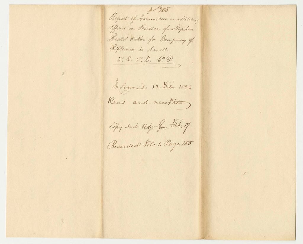 Miniature of Report 205: Report of the Committee on Military Affairs on the Petition of Stephen Heald and others for a Company of Riflemen in Lovell 3R.2B.6D.