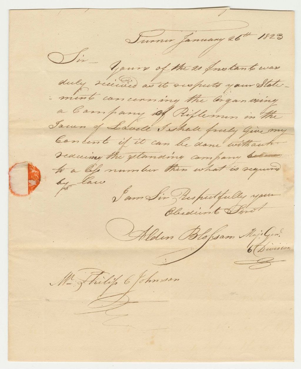 Miniature of Maj. Gen. Alden Blossom Consents to the Organization of a Company of Riflemen in the Town of Lovell