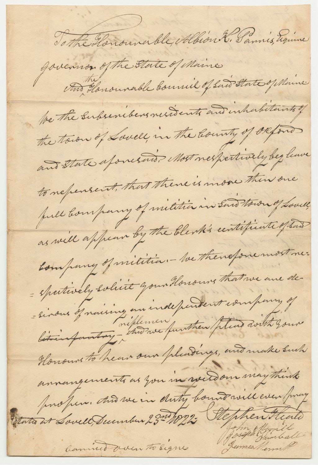 Miniature of Petition of Stephen Heald and others for Rifle Company in Lovett