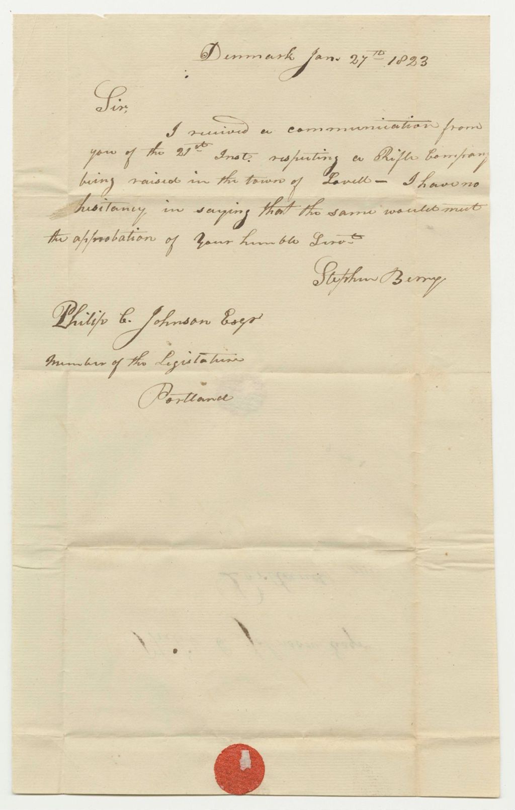 Miniature of Stephen Berry Approbation of Raising a Rifle Company in the Town of Lovell