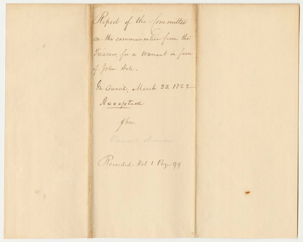 Miniature of Report 140: Report of the Committee on the Communication from the Treasurer, for a Warrant in Favor of John Dole